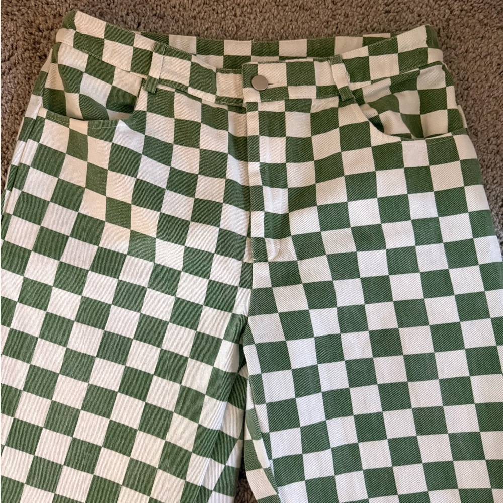 SHEIN Green and White Checkered Jeans